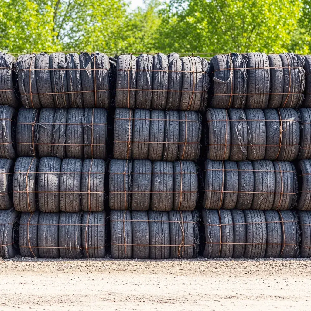 Stacked used tires ready for recycling at Ruben's Tires Recycle, Apopka FL